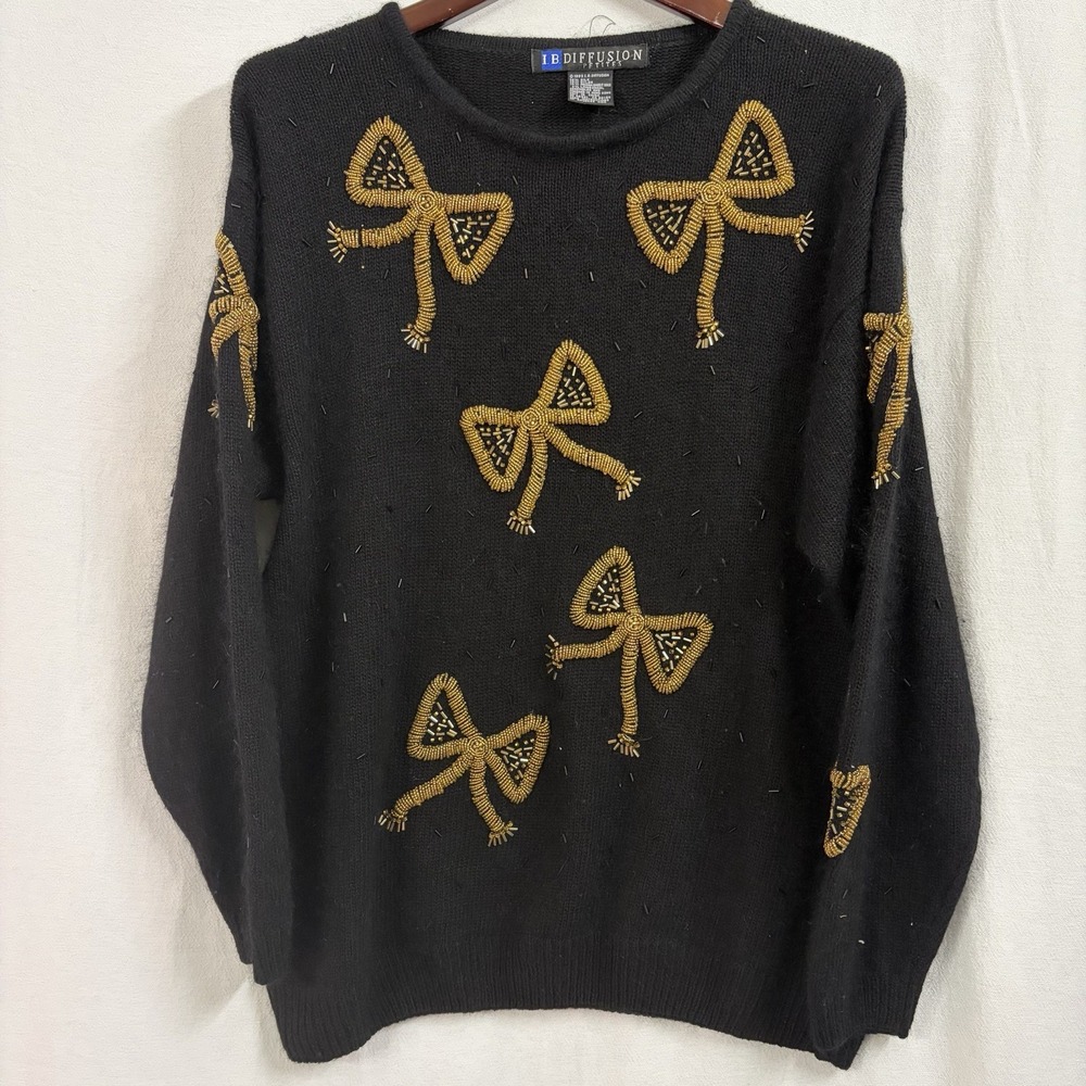 90's Sweater IB‎ Diffusion Gold Bows Women's Size XL Silk Lambs wool Rabbit Hair